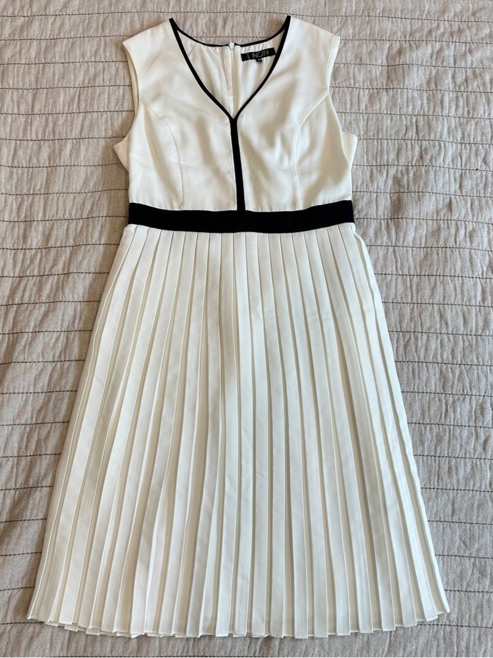 White Pleated Midi Dress with Black Trim